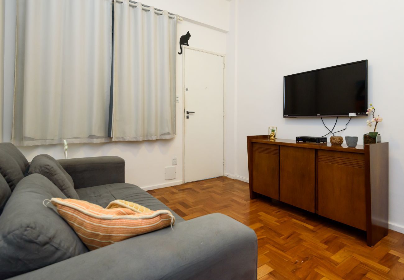 Living room with TV and sofa.